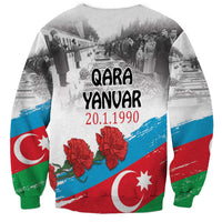 Unisex white sweatshirt with Azerbaijan flag graphic, red flowers, and 'QARA YANVAR' date