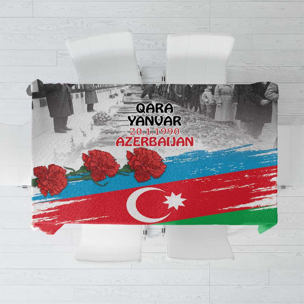 Tablecloth with Azerbaijan flag-style print, red flowers, and crescent star