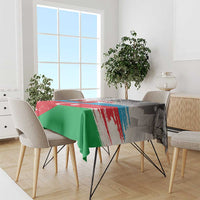Rectangular tablecloth with green, red, and blue flag-style stripes and crescent star