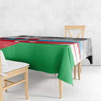 Rectangular tablecloth with green base, red-blue stripes, and crescent star