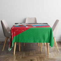 Rectangular tablecloth on dining table with Azerbaijan flag stripes and crescent star