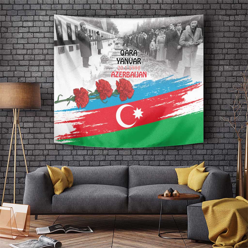 Azerbaijan Qara Yanvar flag-style tapestry with red blossoms and crescent-star stripe artwork