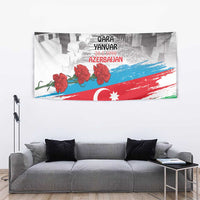 Rectangular Azerbaijan Qara Yanvar tapestry with red flowers and crescent-star flag stripes