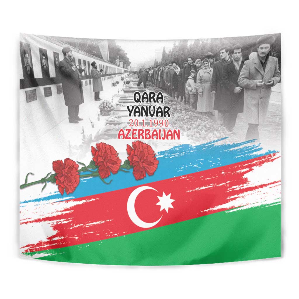 Azerbaijan Qara Yanvar tapestry close-up with red flowers and crescent-star flag design
