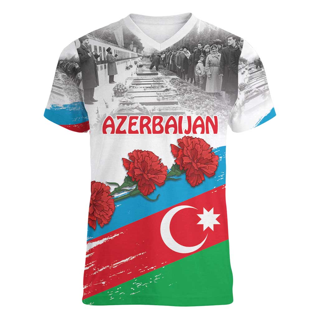 Azerbaijan Qara Yanvar Women V-Neck T-Shirt with Flag Style - Wonder Print Shop