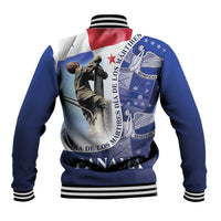 Blue baseball jacket back view with striped ribbed collar, cuffs, and large artwork