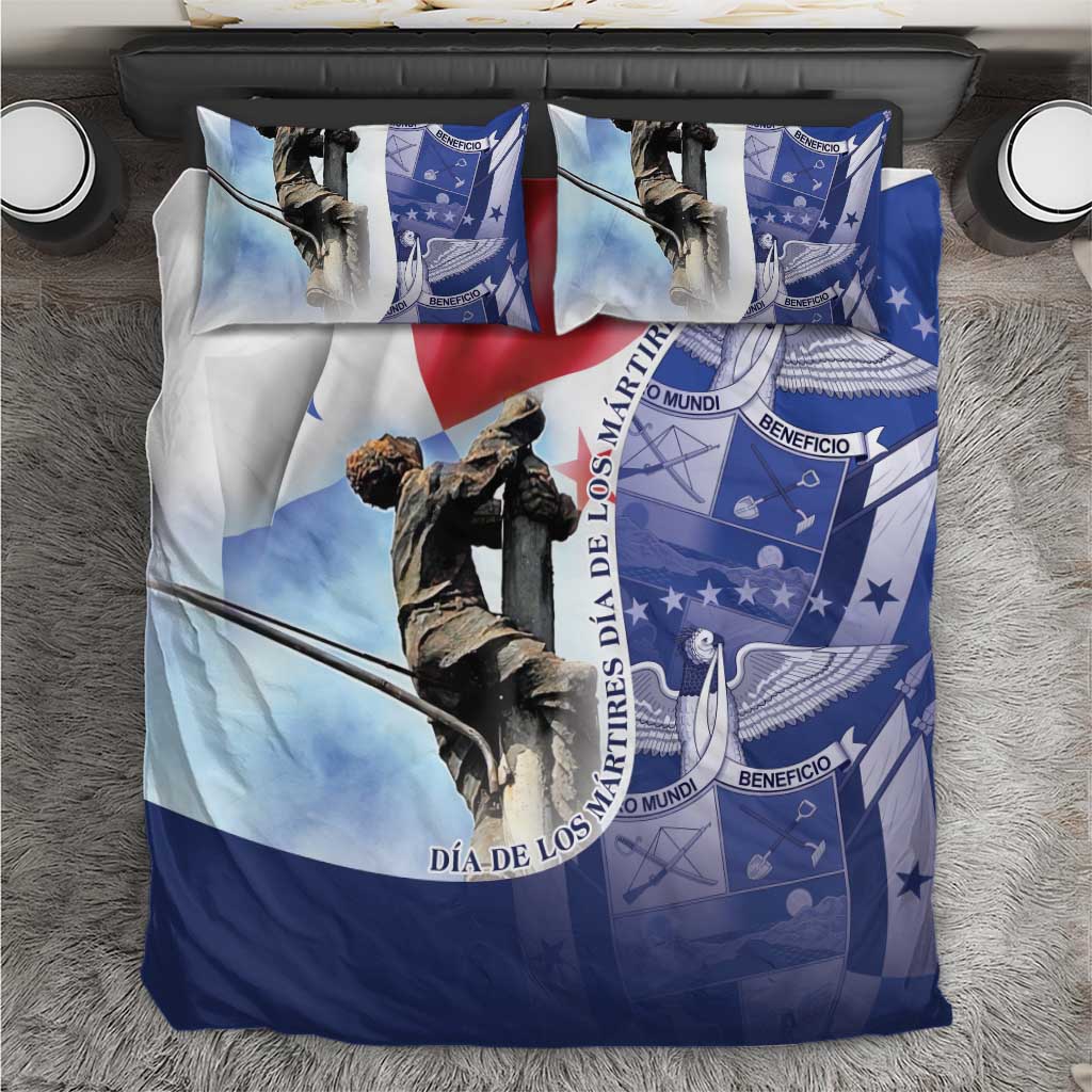 Blue, white and red patriotic bedding set with flag print and statue motif, includes pillow