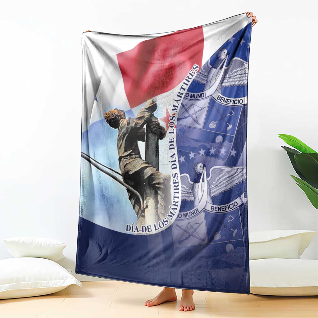 Panama flag themed blanket draped over sofa, black statue and blue geometric emblem