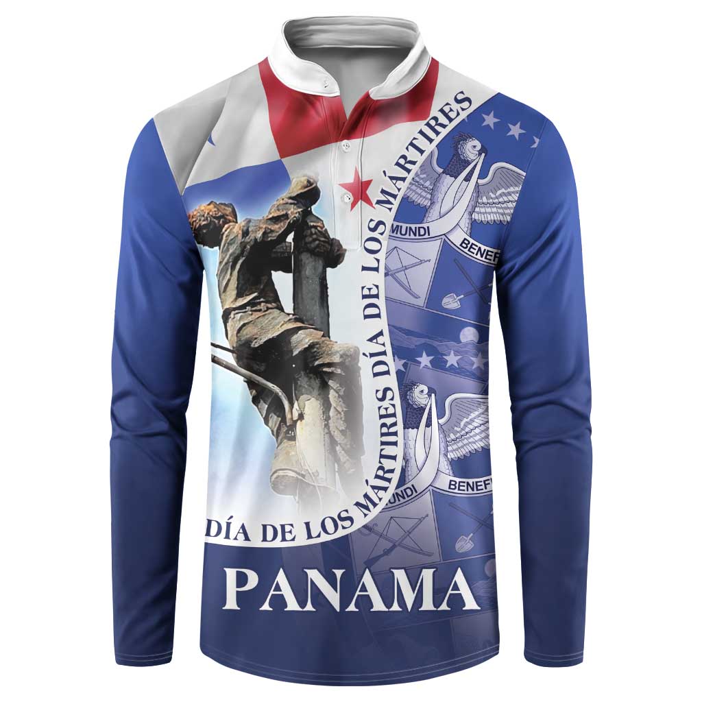 Blue long-sleeve button sweatshirt with colorful Panama graphic print