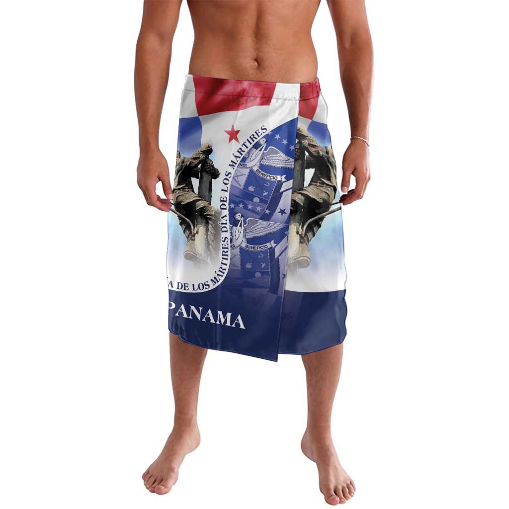 Blue flag-print swim shorts with red and white border and emblem graphics