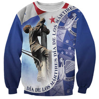 Unisex crewneck sweatshirt with blue sleeves and large patriotic statue graphic