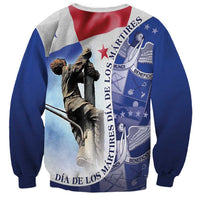 Unisex crewneck sweatshirt with red-white-blue panels and central statue-and-crest print