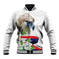 White unisex baseball jacket with black rib trim, full-button front, bird floral print