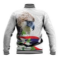 White unisex baseball jacket with black rib hem and striped collar, bird floral graphic on back