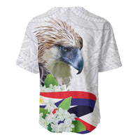 White baseball jersey with Polynesian pattern, large eagle and flower graphic on back