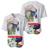 Set of two white baseball jerseys: one front and one back with eagle and flower prints