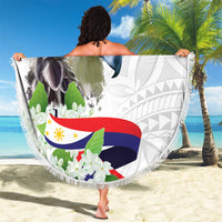 Round beach blanket, white with eagle image, flag ribbon graphic, and fringe border