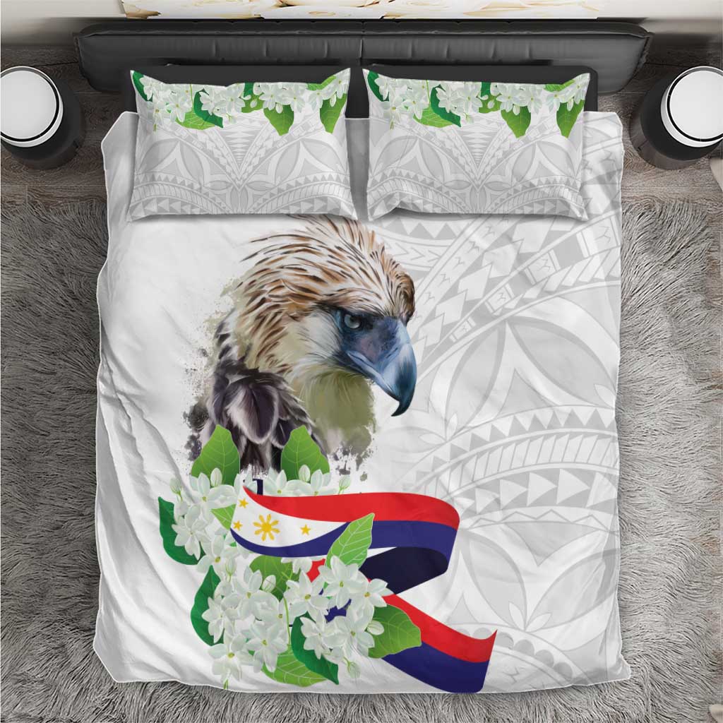 White bedding set with bird, green leaves, flag ribbon and gray geometric pillow pattern