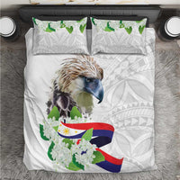 White bedding set with bird, green leaves, flag ribbon and gray geometric pillow pattern