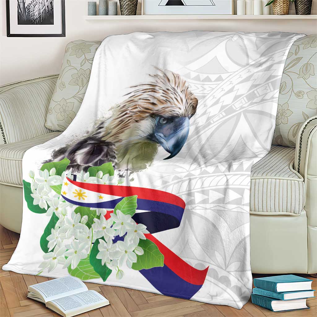 White eagle blanket with Philippines flag stripes and white sampaguita flower clusters