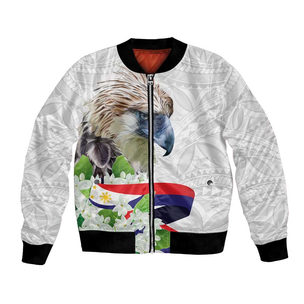 White bomber jacket with front zipper, black rib trim, eagle and floral graphic with flag panel
