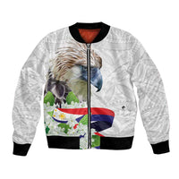 White bomber jacket with front zipper, black rib trim, eagle and floral graphic with flag panel