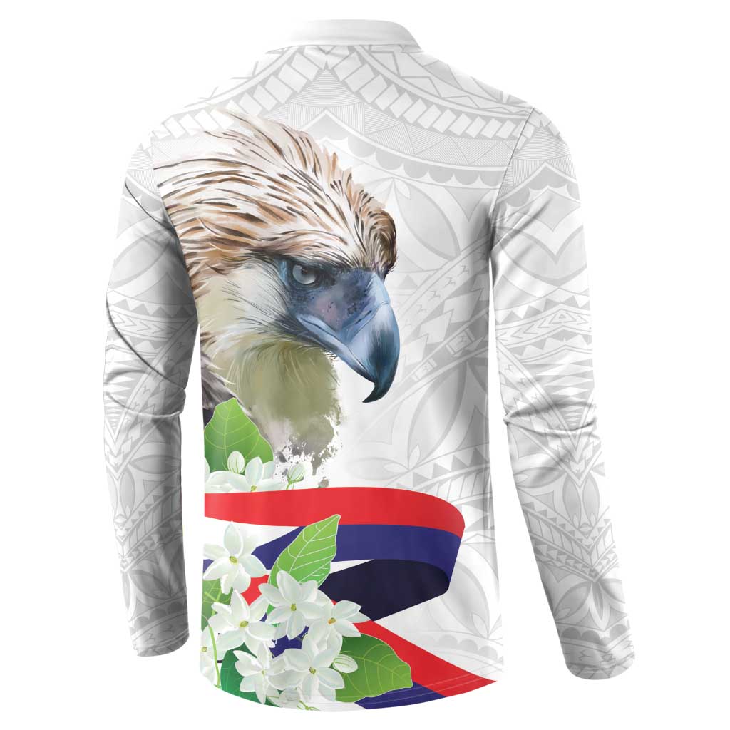 White quarter-zip sweatshirt with back eagle-and-flower graphic and Polynesian motifs