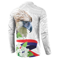 White quarter-zip sweatshirt with back eagle-and-flower graphic and Polynesian motifs