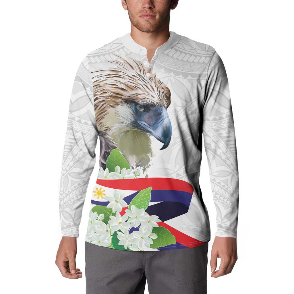 White quarter-zip sweatshirt featuring eagle head and floral banner with Polynesian pattern