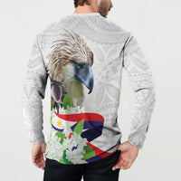 White quarter-zip sweatshirt with full back eagle head and large floral banner, Polynesian print