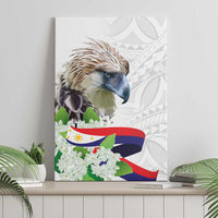 Framed canvas wall art featuring eagle and white flowers with Polynesian pattern and flag stripes
