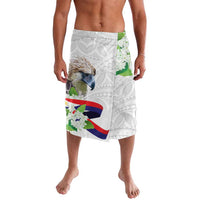 White Polynesian pattern lavalava shorts with bird and flowers graphic