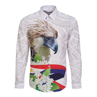 Long-sleeve button shirt in white with eagle, sampaguita flowers, and Polynesian pattern