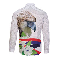 Long-sleeve button shirt, white with eagle and floral print plus Polynesian back pattern
