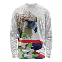 White long sleeve shirt with eagle face, sampaguita flowers, flag and geometric pattern