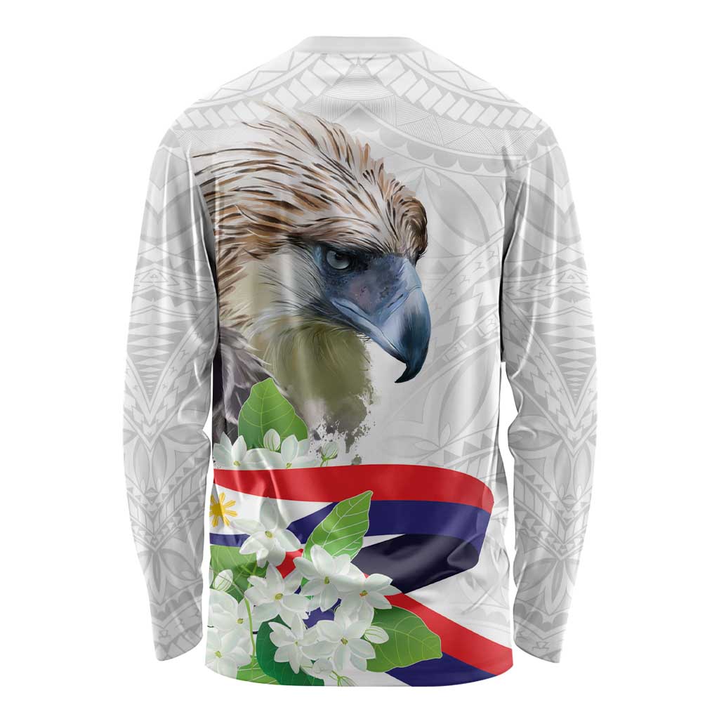 White long sleeve shirt, back view, eagle head, sampaguita flowers, flag over pattern