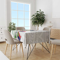 White tablecloth with polynesian eagle and sampaguita floral pattern on dining table