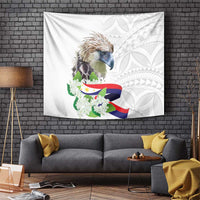 White eagle and sampaguita flowers tapestry with geometric tropical design
