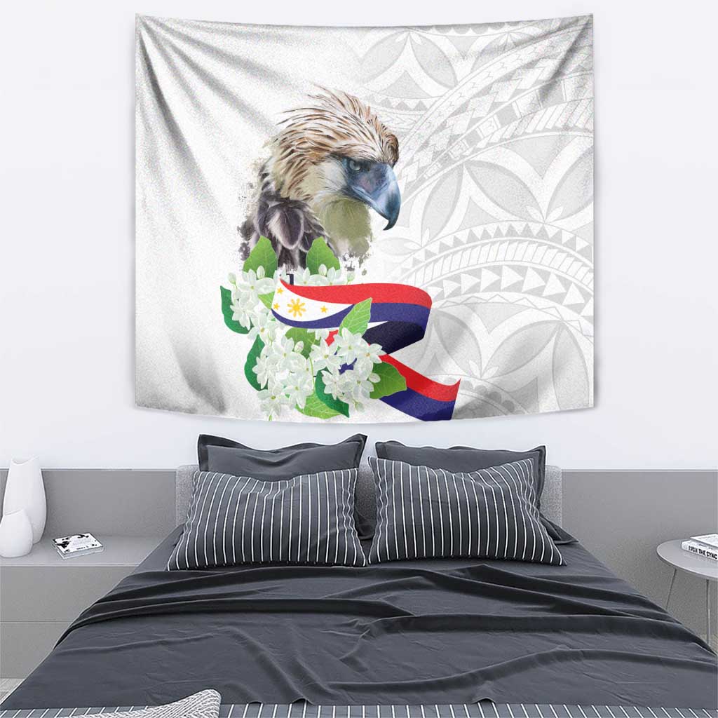 White wall tapestry with bird, floral wreath, and geometric tribal pattern