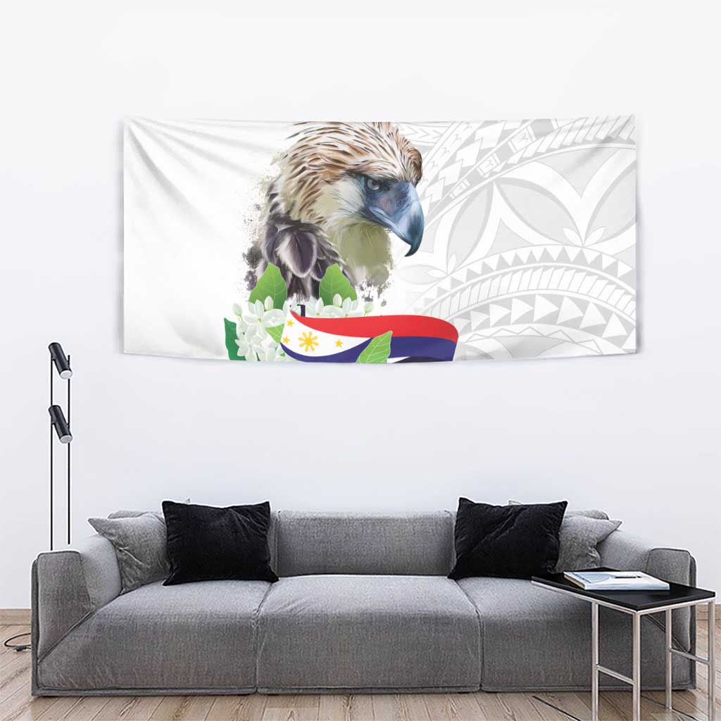 White wall tapestry with bird and colorful ribbon plus leaf-and-arch pattern