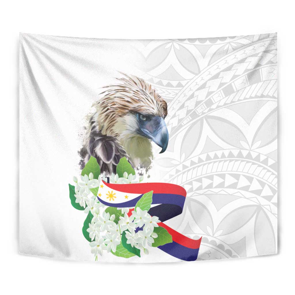 White tapestry close view of bird head, flowers, and geometric leaf pattern
