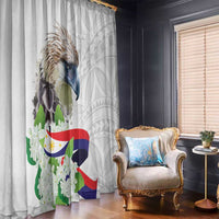 White window curtain with eagle artwork and flag graphic, hung across a window