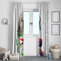 White curtain pair framing a doorway with eagle-and-flag artwork and flower accents