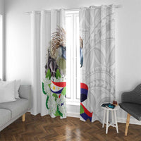 White curtain panels with eagle artwork and flag graphic, styled around a living room