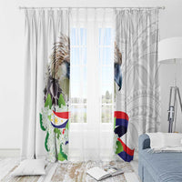 White window curtain panels with eagle-and-flag print and decorative floral border