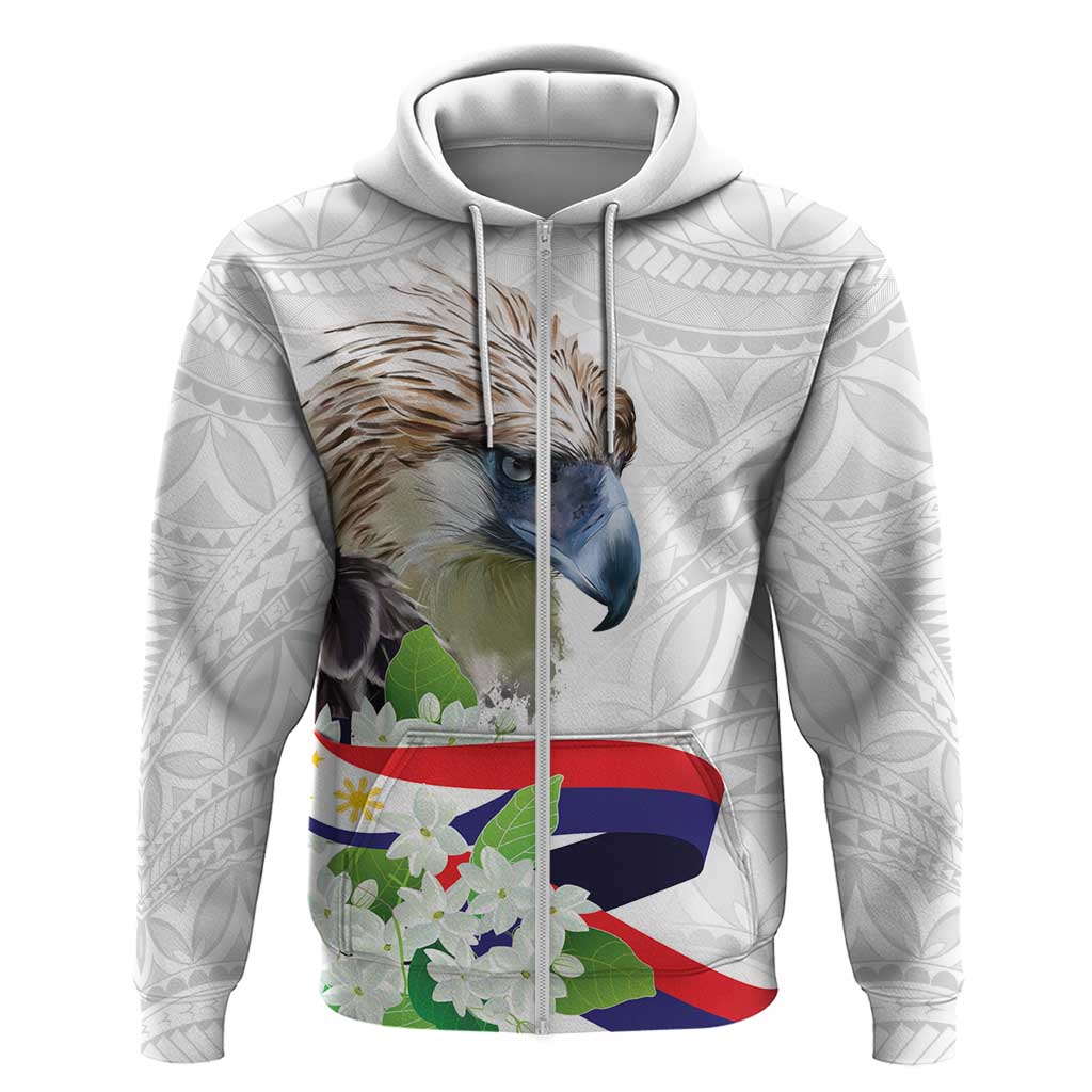 Philippines Eagle and Sampaguita Flowers Zip Hoodie Polynesian Pattern - Wonder Print Shop