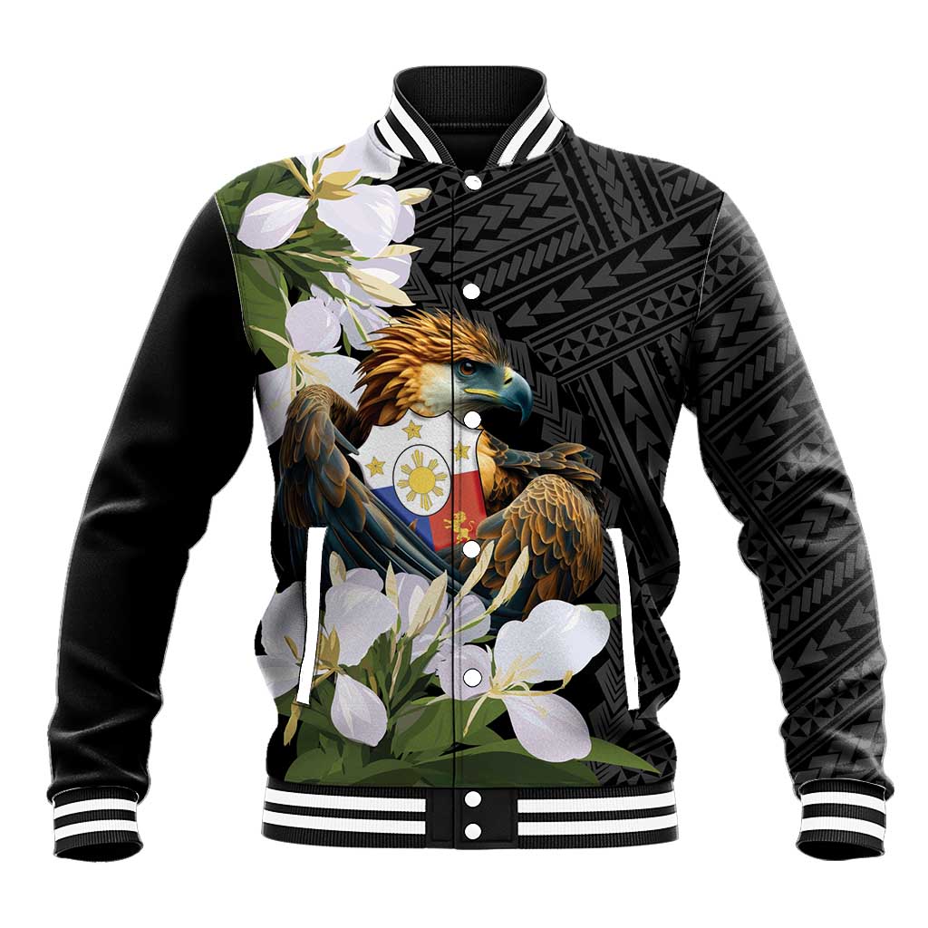 Black unisex baseball jacket with eagle crest graphic and floral print, snap-front