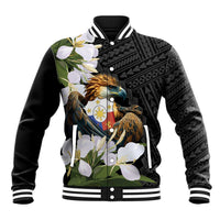 Black unisex baseball jacket with eagle crest graphic and floral print, snap-front