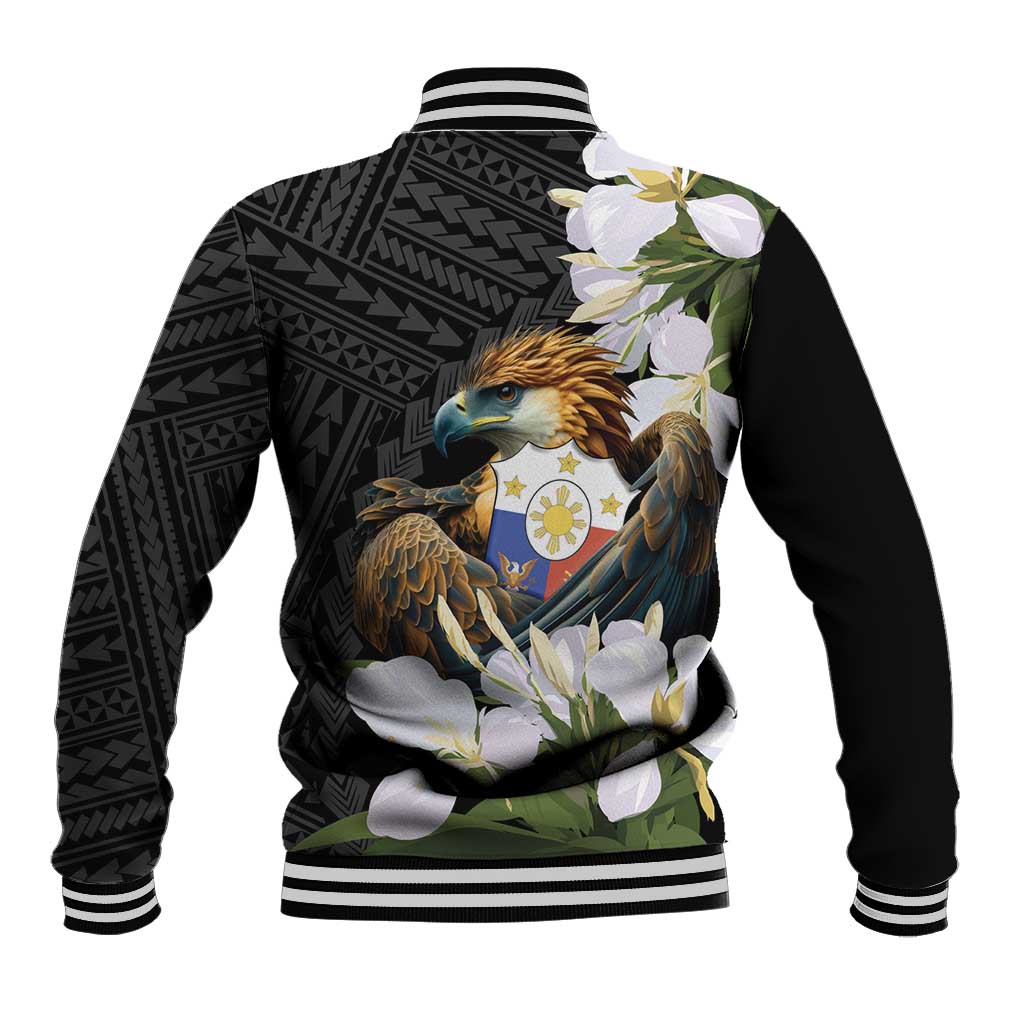 Black unisex baseball jacket, striped ribbed collar and cuffs, eagle crest back print