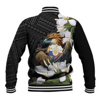 Black unisex baseball jacket, striped ribbed collar and cuffs, eagle crest back print